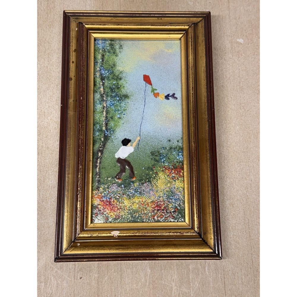 Caron Enamel on Copper Painting Boy with Kite 6.5x3.5 Gold Frame Mid Century Art